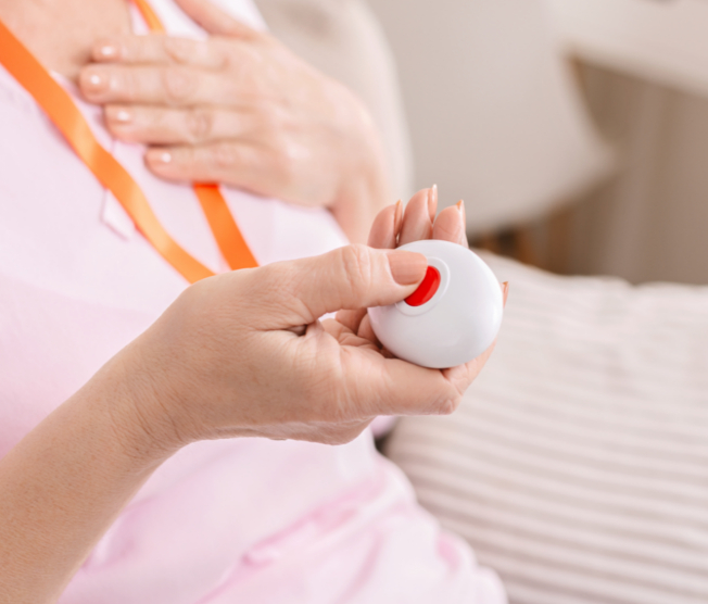 woman pressing alert button